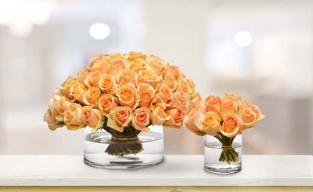 Two clear glass vases filled with water and peach-colored roses are placed on a white surface. The larger vase on the left holds a dome-shaped arrangement of numerous roses, while the smaller vase on the right contains a smaller bouquet of the same flowers. The background is a soft, blurred light with a round, bright spot.