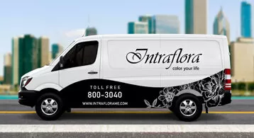 A white van with a black lower panel, featuring the Intraflora logo in cursive script, the tagline "color your life," a toll-free number, and website address, parked on a street with a blurred city skyline of tall buildings in the background.