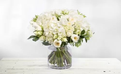 A clear glass vase filled with water and a bouquet of white hydrangeas and white roses, placed on a white wooden surface. The flowers are arranged in a dome shape, with the hydrangeas as the focal point. The background is a soft, blurred light.