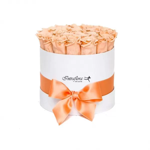 A white, cylindrical box with the "Intraflora" logo, filled with peach roses, wrapped with a wide orange ribbon and tied into a bow, against a white background.
