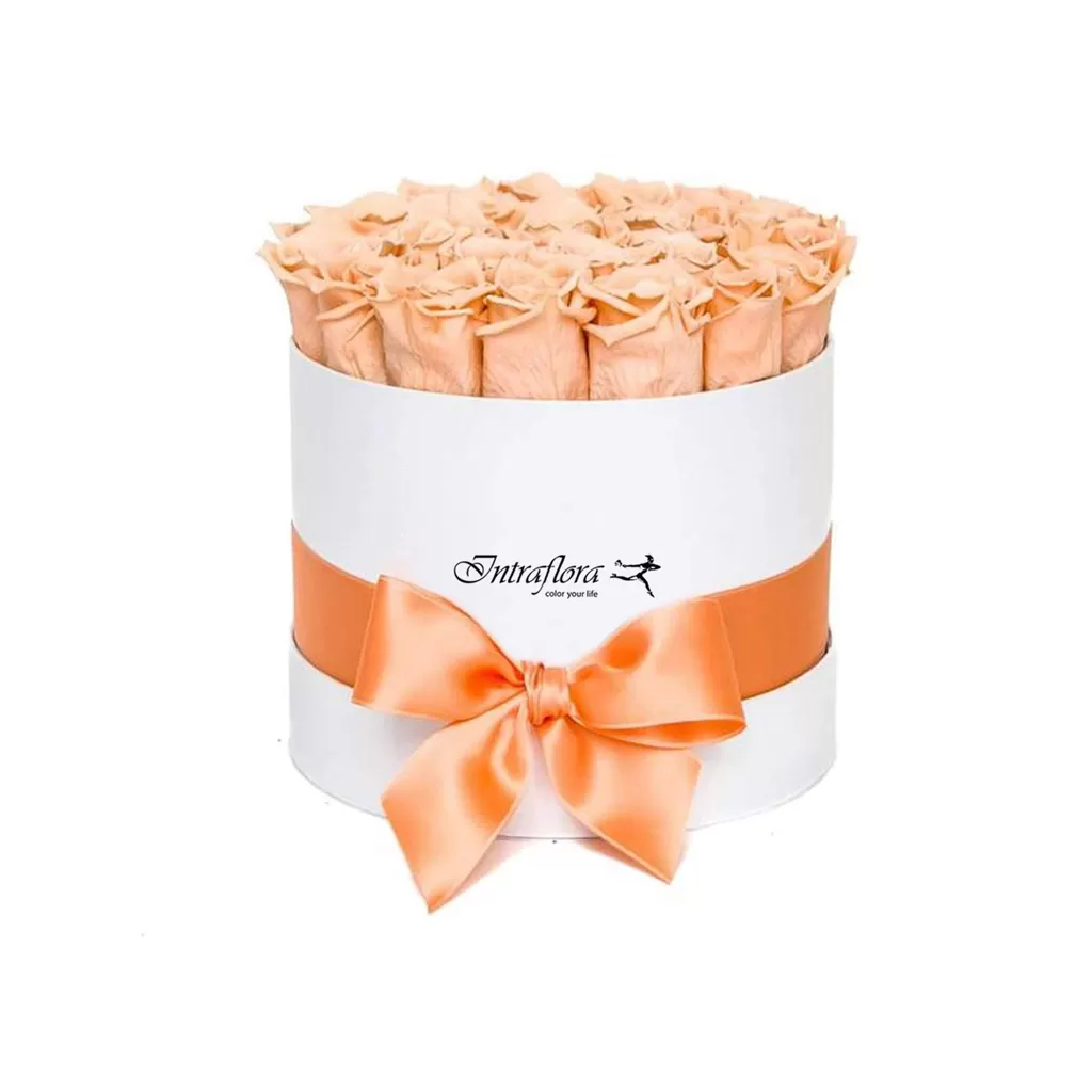A white, cylindrical box with the "Intraflora" logo, filled with peach roses, wrapped with a wide orange ribbon and tied into a bow, against a white background.