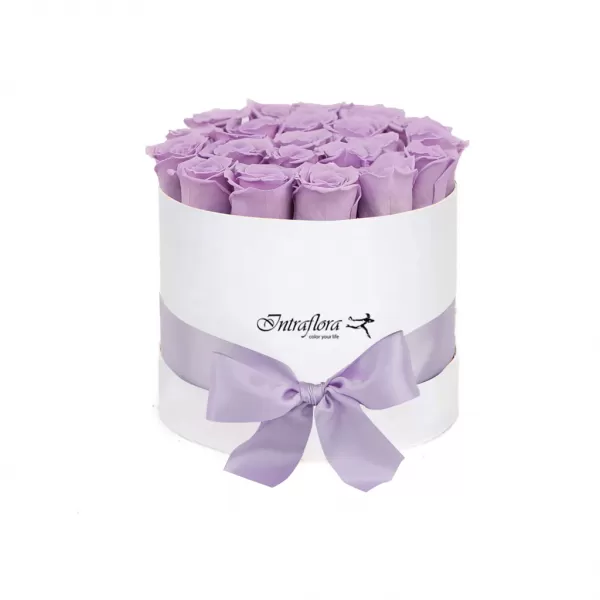 A white, cylindrical box filled with light purple roses, wrapped with a light purple ribbon and bow, against a white background. The box also features the "Intraflora" logo.