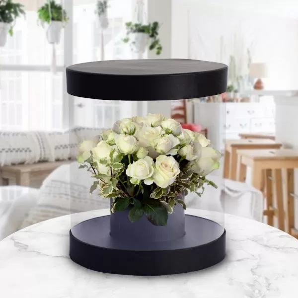 A round, clear flower box with a black base and lid, containing a bouquet of white roses and green leaves, placed on a marble table with a blurred background of a living room. The box appears to be floating due to the reflection on the table.
