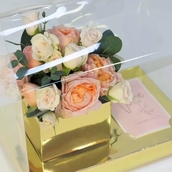 A close-up shot of a small bouquet of light pink and peach roses with green leaves, arranged in a gold square vase. The bouquet is enclosed in a clear, square box with a gold base, and a small pink card is visible next to the vase.