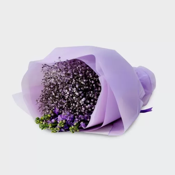 A bouquet of purple gypsophila flowers and purple delphiniums, wrapped in purple paper, against a light background.