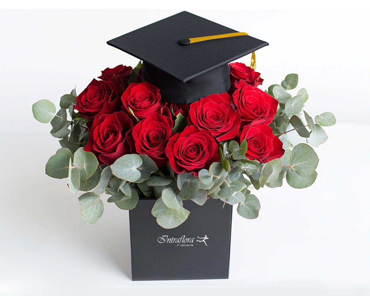 Show your pride in their accomplishment with Triumph Petals. This stunning arrangement of fresh Rose Red roses and aromatic Eucalyptus Populus is carefully set in a square box with oasis foam for lasting beauty and adorned with a festive graduation cap. A memorable graduation gift for Dubai. Also available in Yellow, Orange, Pink, and Peach.