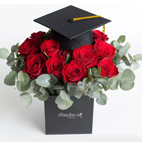Show your pride in their accomplishment with Triumph Petals. This stunning arrangement of fresh Rose Red roses and aromatic Eucalyptus Populus is carefully set in a square box with oasis foam for lasting beauty and adorned with a festive graduation cap. A memorable graduation gift for Dubai. Also available in Yellow, Orange, Pink, and Peach.