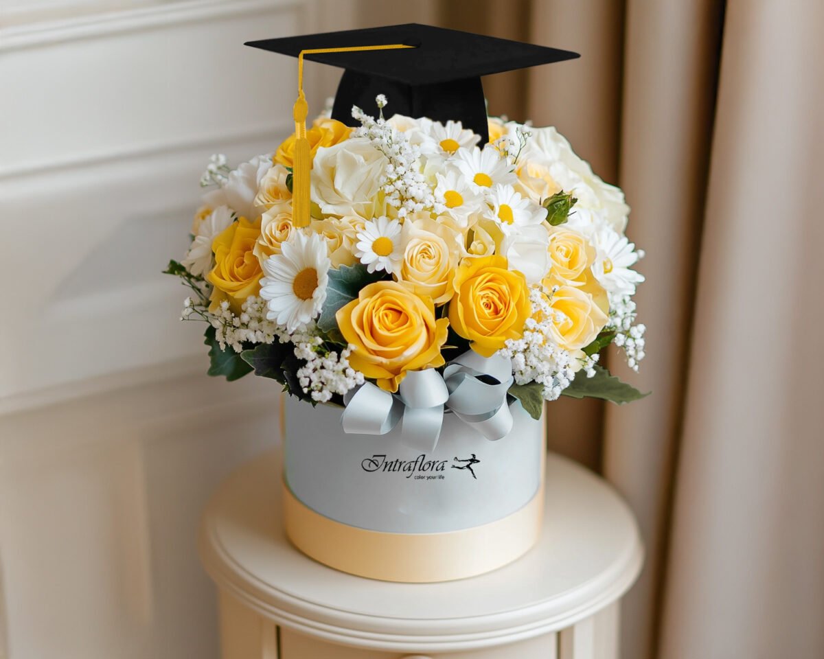 Celebrate their glorious achievement with Glory Garden in Dubai! A beautiful mix of yellow and cream roses, white chrysanthemums, and gypsophila. Order online!