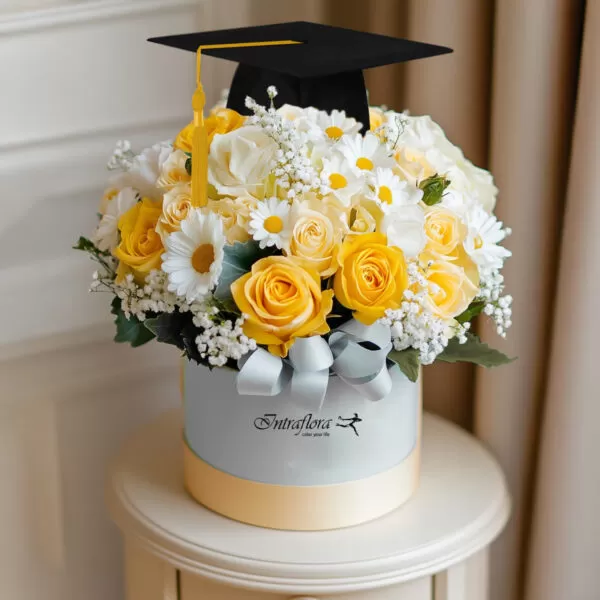 Celebrate their glorious achievement with Glory Garden in Dubai! A beautiful mix of yellow and cream roses, white chrysanthemums, and gypsophila. Order online!
